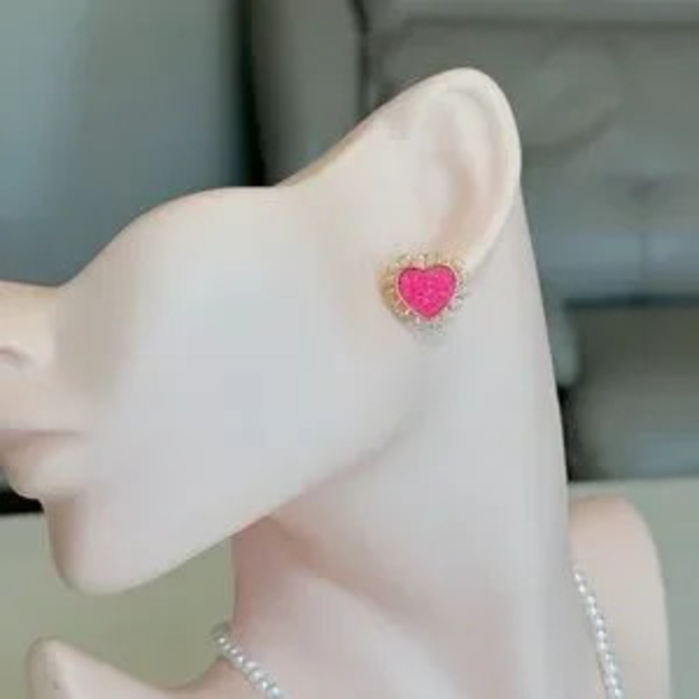 Gold Heart Stud Earrings with Pink Center